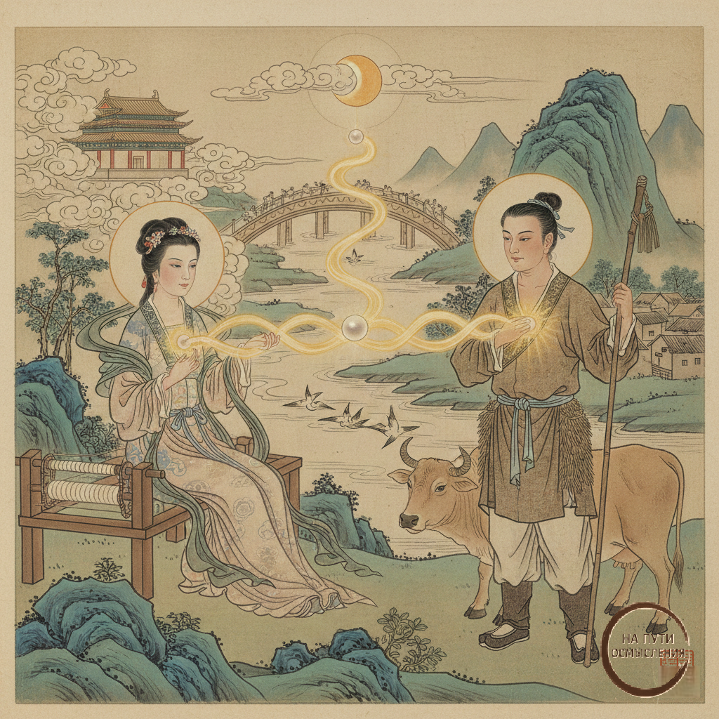 Встреча пастуха (Ян) с ткачихой (Инь) на Небесном мосту (Чистое Истинное Намерение) символизирует важный этап внутренней алхимии Нэйдань - зарождение бессмертного духовного тела. 
