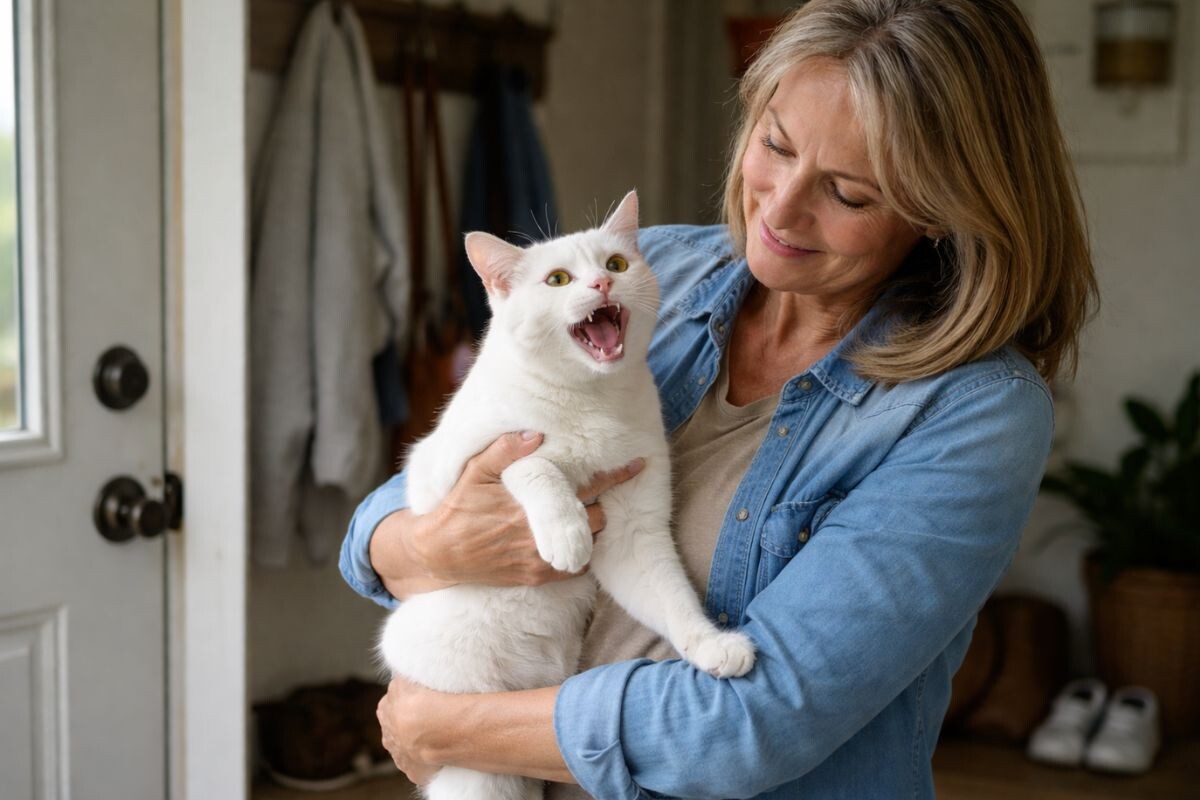 Кошка мяукает на руках 