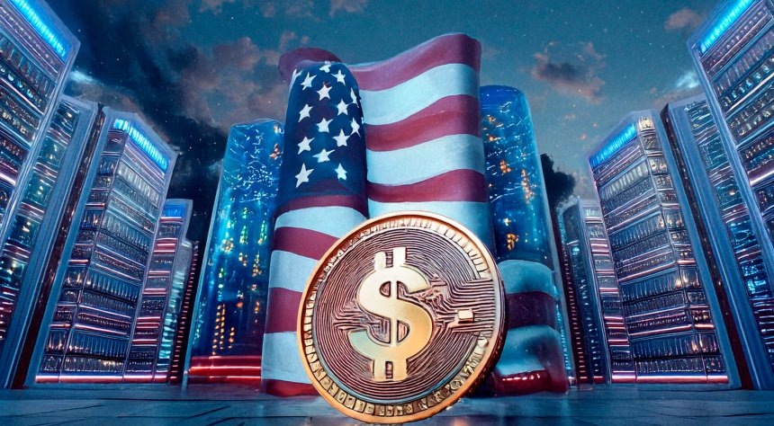 Флаг США, знак доллара и серверные стойки создано с использованием ИИ