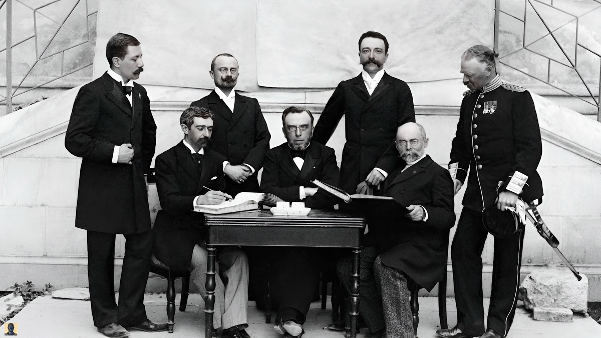 МОК в Афинах. 1896 год. Справа сидит барон Пьер де Кубертен, посередине Деметриус Викелас, президент МОК.