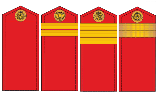 На рисунке Гвардейский экипаж: Матрос, Квартирмейстер/Писарь 2-го класса/Вахтер 2-го класса, Боцманмат/Писарь 1-го класса/Вахтер 1-го класса, Боцман..