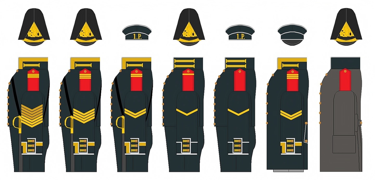 На рисунке - Гвардейский экипаж: Боцман в мундире; Боцманмат в мундире; Квартирмейстер в мундире; Марсовый в мундире; Писарь 1-го класса в сюртуке; Матрос в шинели.
