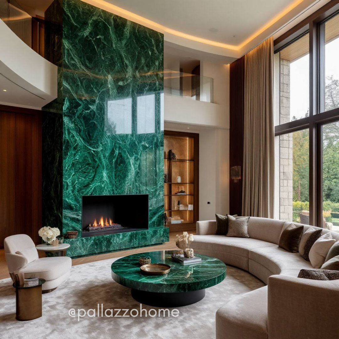 Мраморный декор с рисунком под малахит в интерьере гостиной: венецианская штукатурка с эффектом натурального камня, глубокий изумрудный оттенок и выразительная текстура. Декоративная отделка стен под малахит создаёт акцентную зону у камина и подчёркивает премиальный стиль пространства.