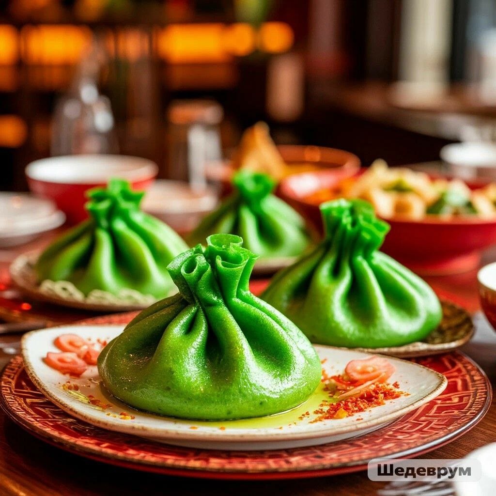 Зелёные блинные мешочки с морепродуктами. Варианты подачи. Изображение сгенерировано ИИ