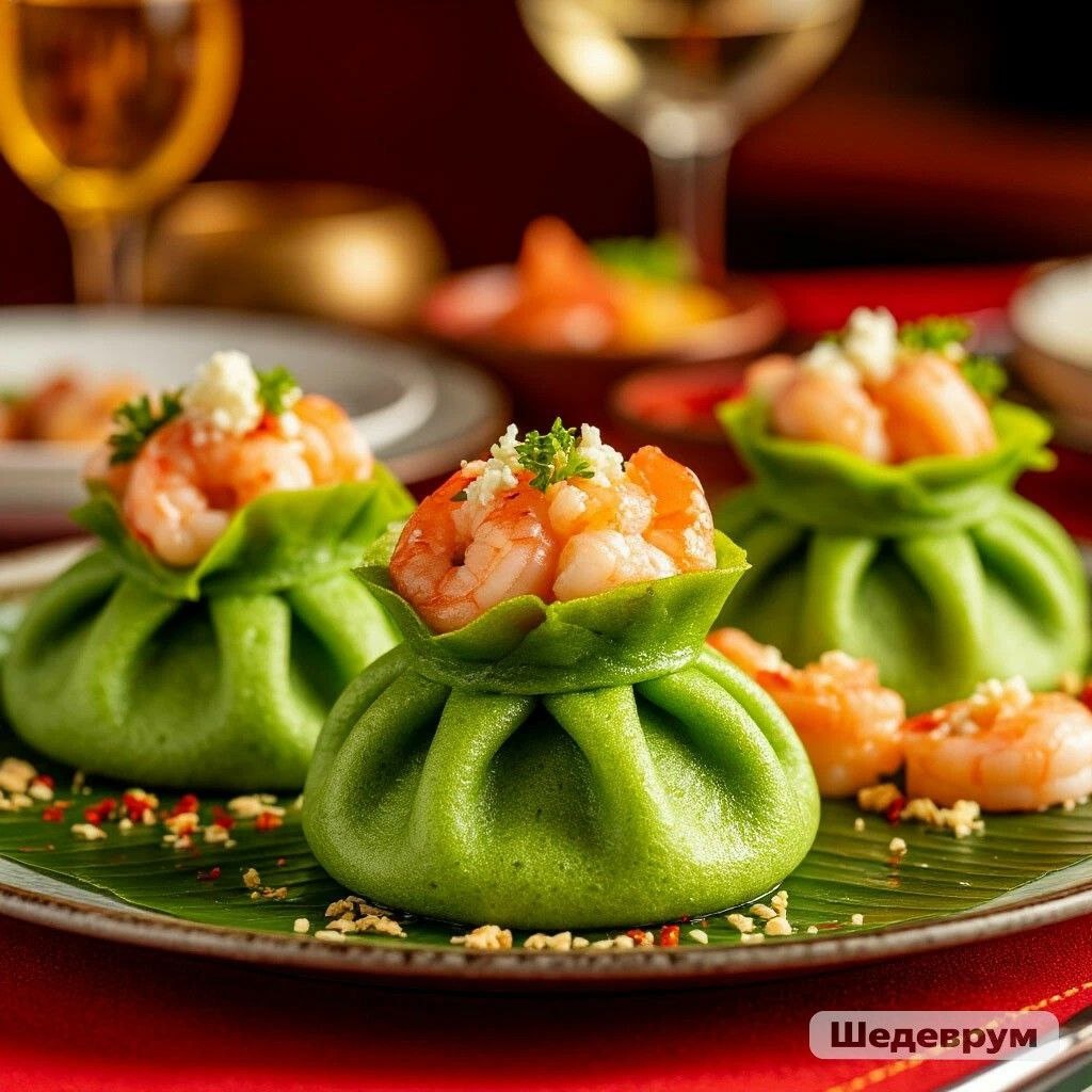 Зелёные блинные мешочки с морепродуктами. Варианты подачи. Изображение сгенерировано ИИ