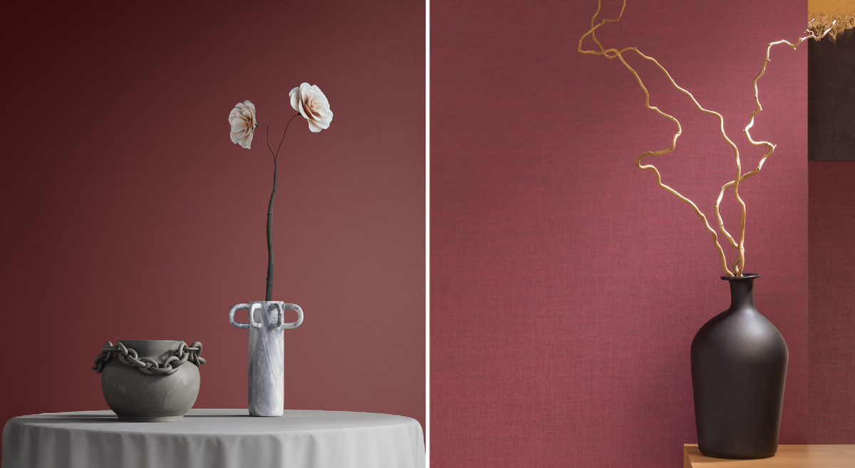 Обои AM4 020 Plain в оттенке Sanguine | Сангина и обои SD2 020 Cheviot из коллекции Loymina Shade