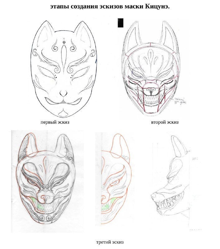 этапы создания эскизов маски Кицунэ.