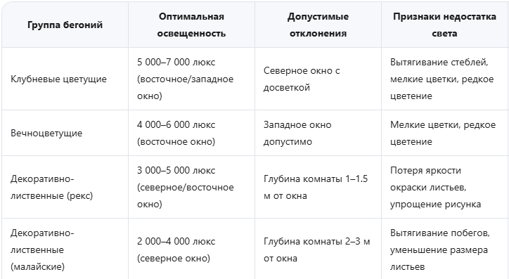 Идеальное освещение для разных групп бегоний