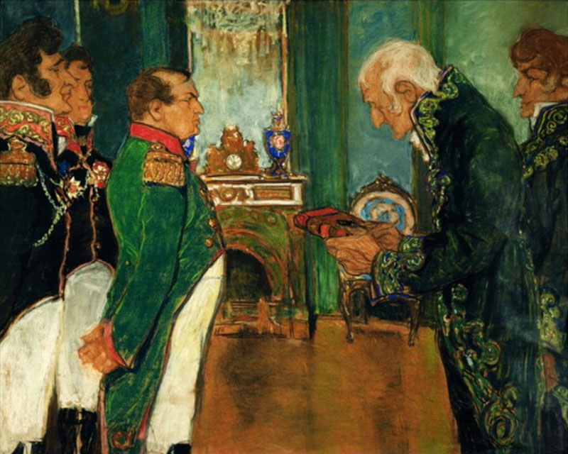 Жан Батист Пьер Антуан де Моне де Ламарк вручает свою «Философию зоологии» императору Наполеону (картина М. Езучевского). Именно влиянием Ламарка и других ранних эволюционистов, скорее всего, в основном объясняется тот факт, что французская биология долго находилась в некоторой оппозиции к дарвинизму