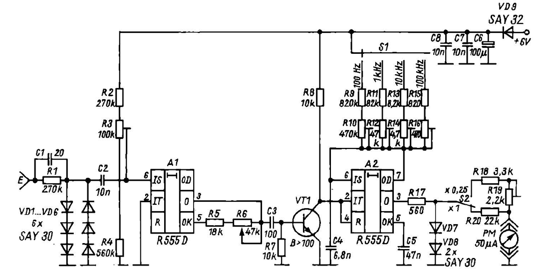 Приставка к мультиметру для аналогового измерения частоты