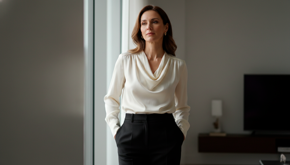 Шёлковая блузка молочного цвета к чёрным брюкам. Просто и при этом выглядит на миллион.