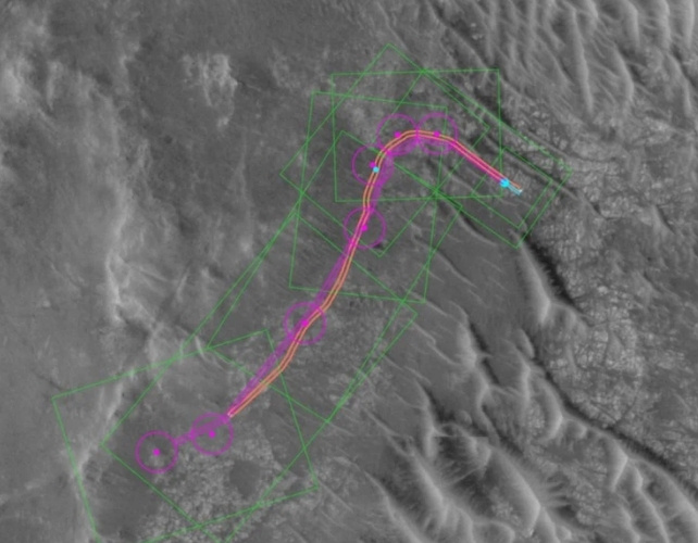 На этом аннотированном орбитальном изображении показан маршрут марсохода Perseverance во время второго дня автономного движения 10 декабря 2025 года. Пурпурная линия показывает маршрут, спланированный искусственным интеллектом, а оранжевая линия — фактический маршрут