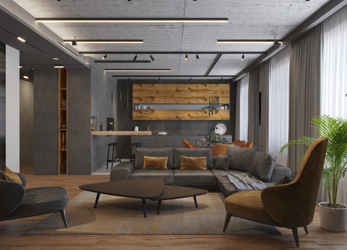 В кухне-гостиной три зоны: гостиная, столовая и кухня с консольной барной стойкой. Интерьер построен на сочетании большого количества текстур природных материалов: дерева и камня. А потолки спроектированы таким образом, что квартира как бы раскрывается при движении от входной двери в кухню-гостиную, так как высота помещения увеличивается до максимально возможной. 