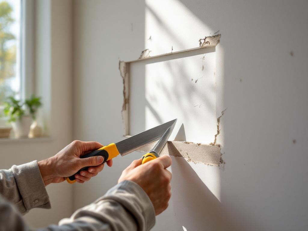 Подготовка отверстия в гипсокартоне перед установкой заплатки и армирующей ленты.  📷
