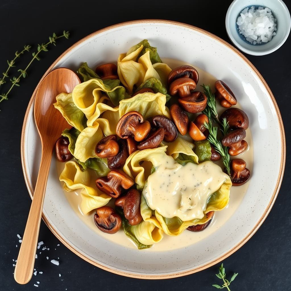 Савойская капуста, тушёная с грибами и сливками