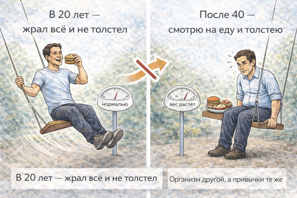 В 20 лет я жрал шаурму, и не знал слова "диета". В 40 смотрю на булку, и уже откладывается на боках. Организм сменил правила, а я продолжал играть по старым. 