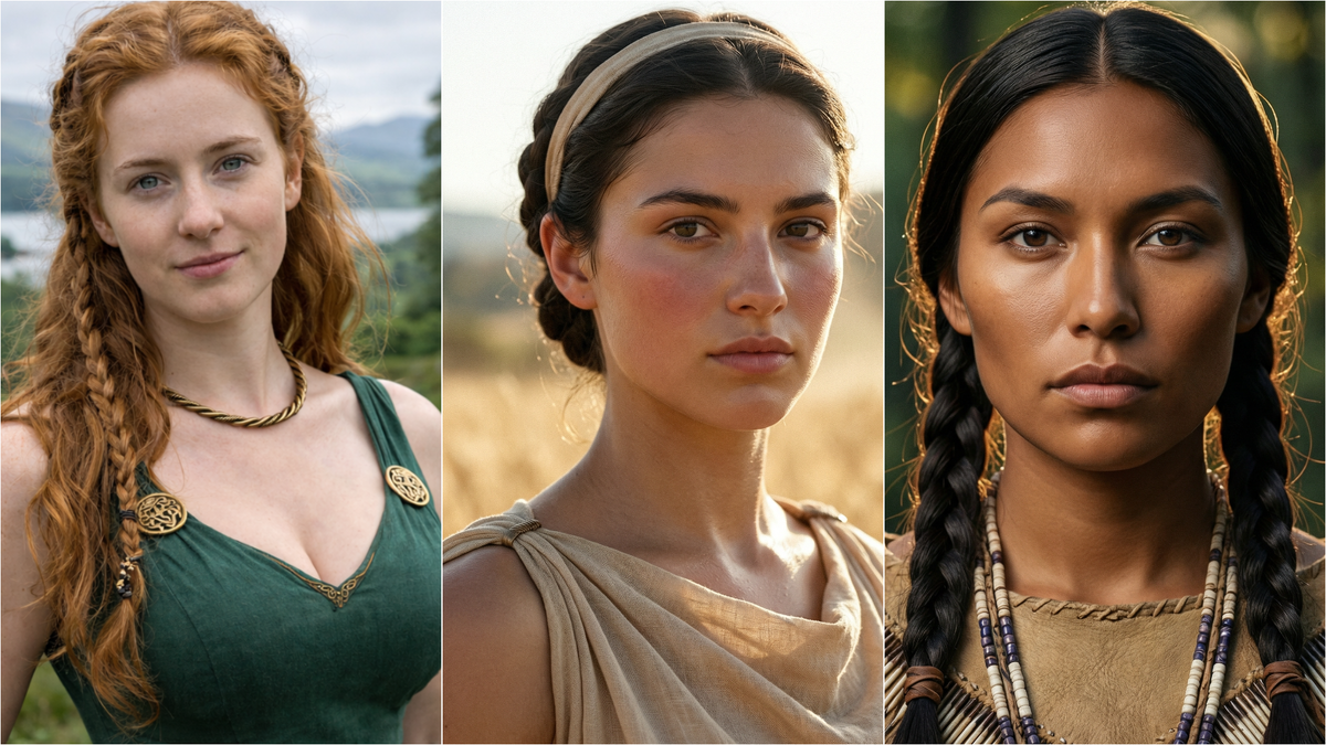 Слева - кельтская девушка, справа - из племени ирокезов.  Женщины у них обладали властью назначать вождей и вести политику. В центре - девушка из Спарты, женщины здесь вели хозяйство и контролировали экономику, пока мужчины воевали