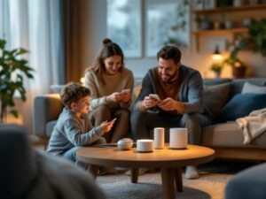    A modern smart home living room with a Yandex Station device on a coffee table. The scene shows a family interacting with the device: a child playing with educational skills, parents controlling smart