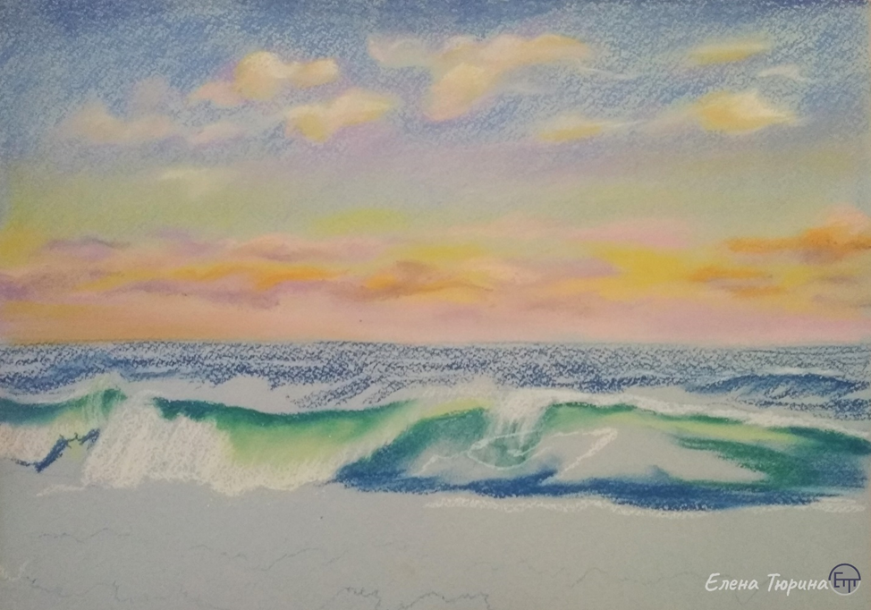 Художник Елена Тюрина. "Чайки на море". Начало работы. Бумага. Сухая пастель.Размер: 41,8 х 29,7 см.  2020 г. 
