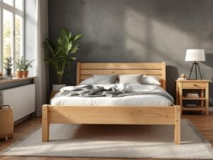    A detailed, high-quality image of a handmade double wooden bed in a modern bedroom. The bed frame is made of light-colored solid wood with visible joinery details, such as mortise and tenon joints. Th