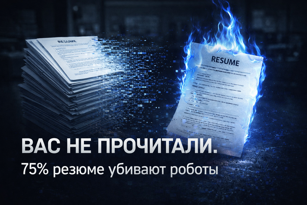 Стопка бумажных резюме на тёмном столе, которая превращается в цифровую пыль и пиксели. Символ того, что живые люди больше не читают анкеты — всё решают алгоритмы.