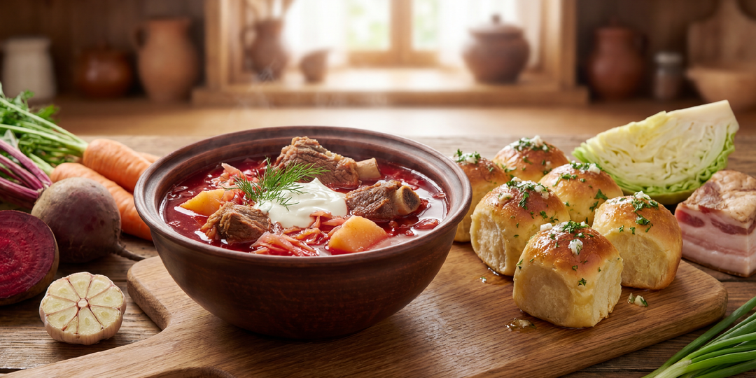 Научила меня тётя готовить настоящий украинский борщ — с пампушками и чесночным соусом