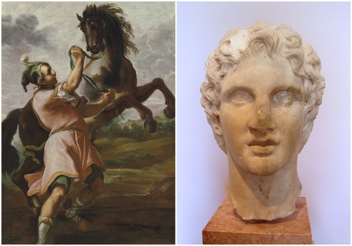 Слева направо: Александр и Буцефал, Доменико Мария Канути, XVII век. \ Бюст Александра Македонского, приписываемый Леохаресу, после 338 года до н.э., Музей Акрополя.