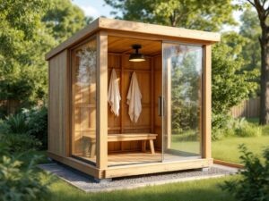   A realistic 3D rendering of a summer shower cabin for a dacha, made of wooden frame with polycarbonate walls, a black water tank with a heating element on top, and a simple drainage system underneath.
