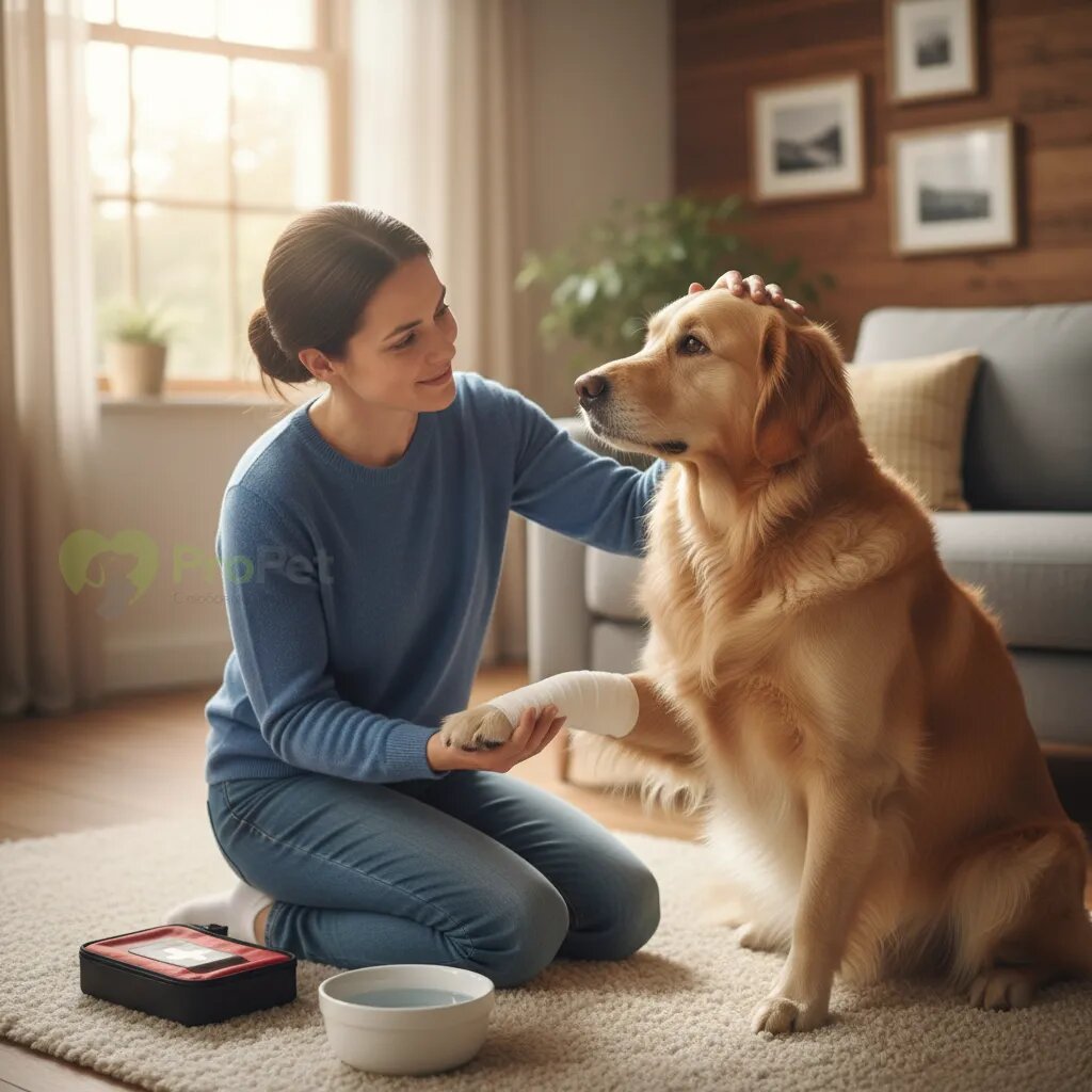Собака породы золотистый ретривер с повязкой на лапе смотрит на своего владельца