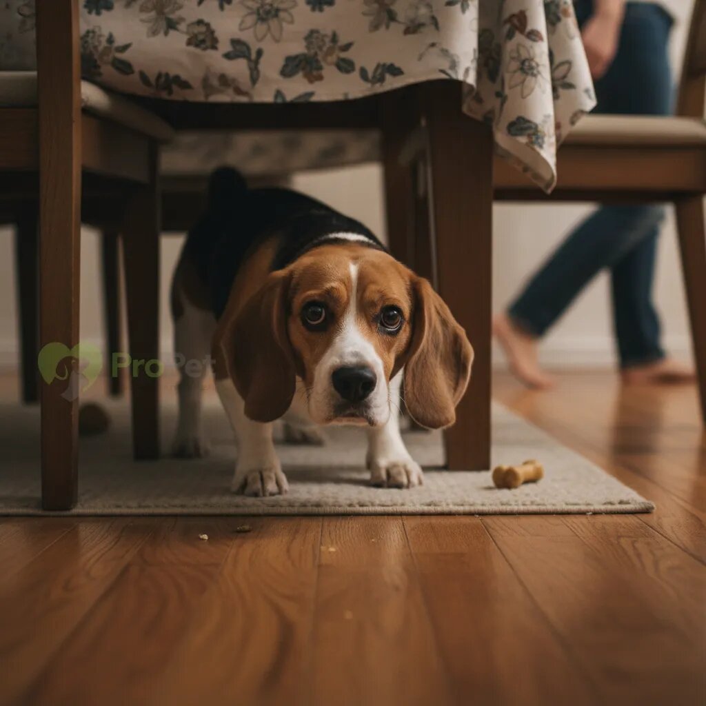 Собака породы бигль прячется под столом, испуганно выглядывая