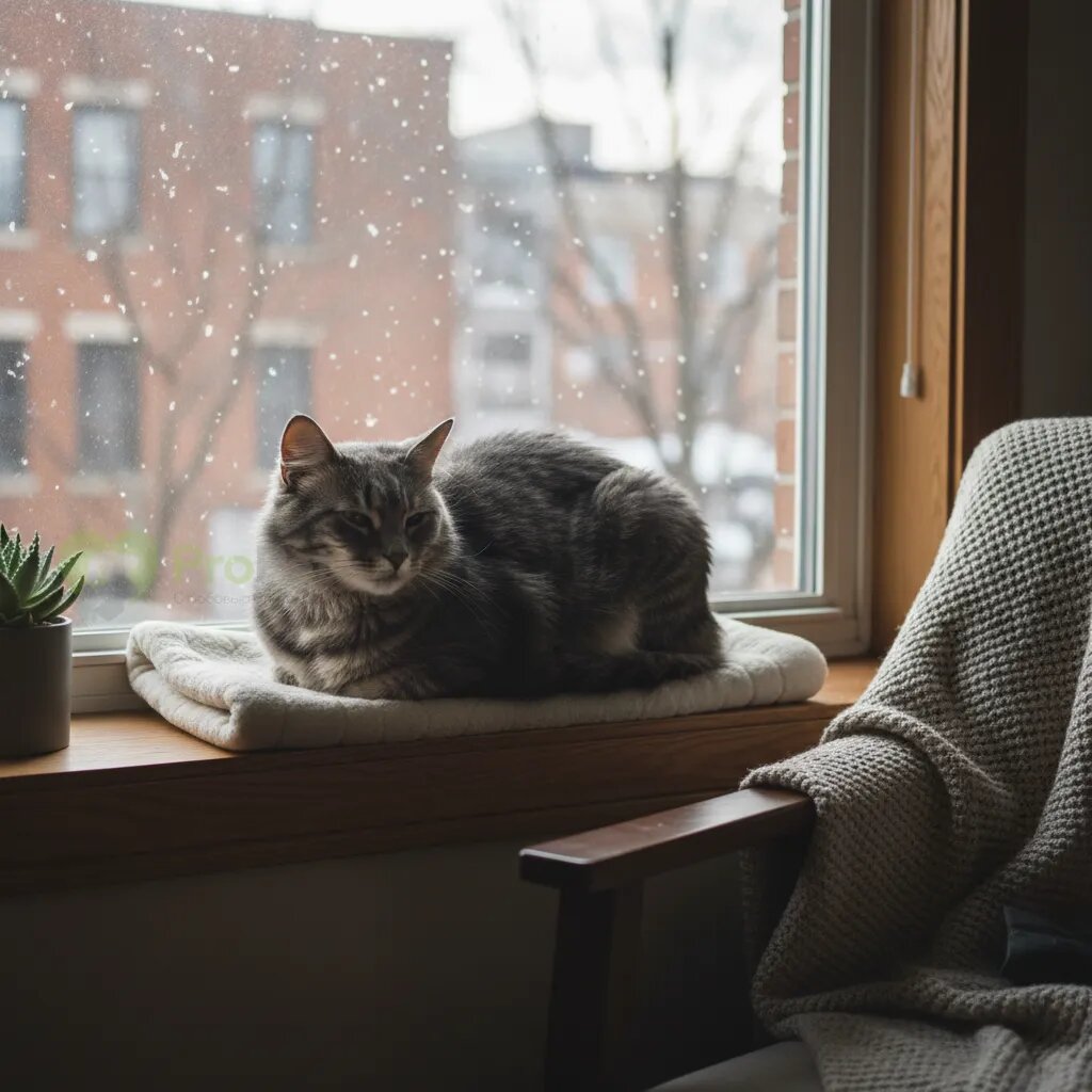 Спокойная кошка серого окраса отдыхает на подоконнике, глядя в окно