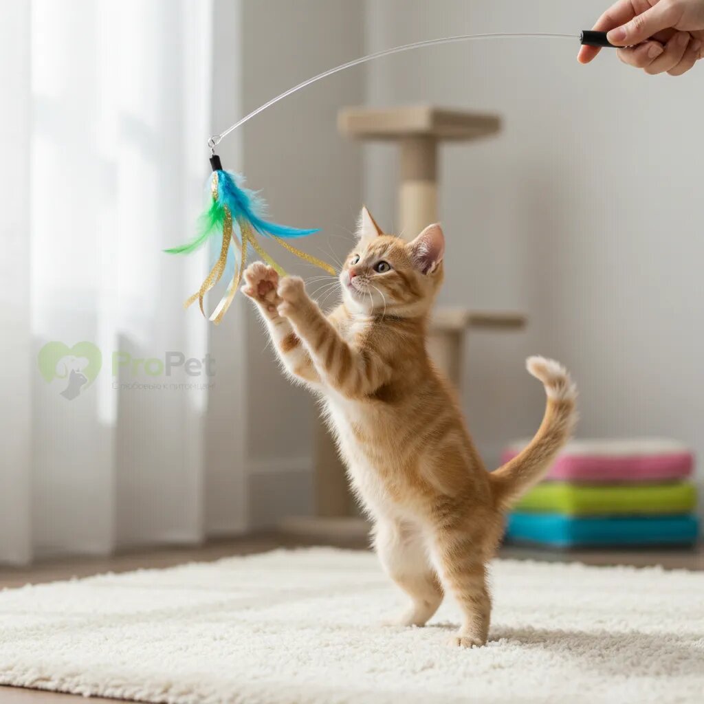 Котенок играет со специальной игрушкой-удочкой, а не с рукой человека