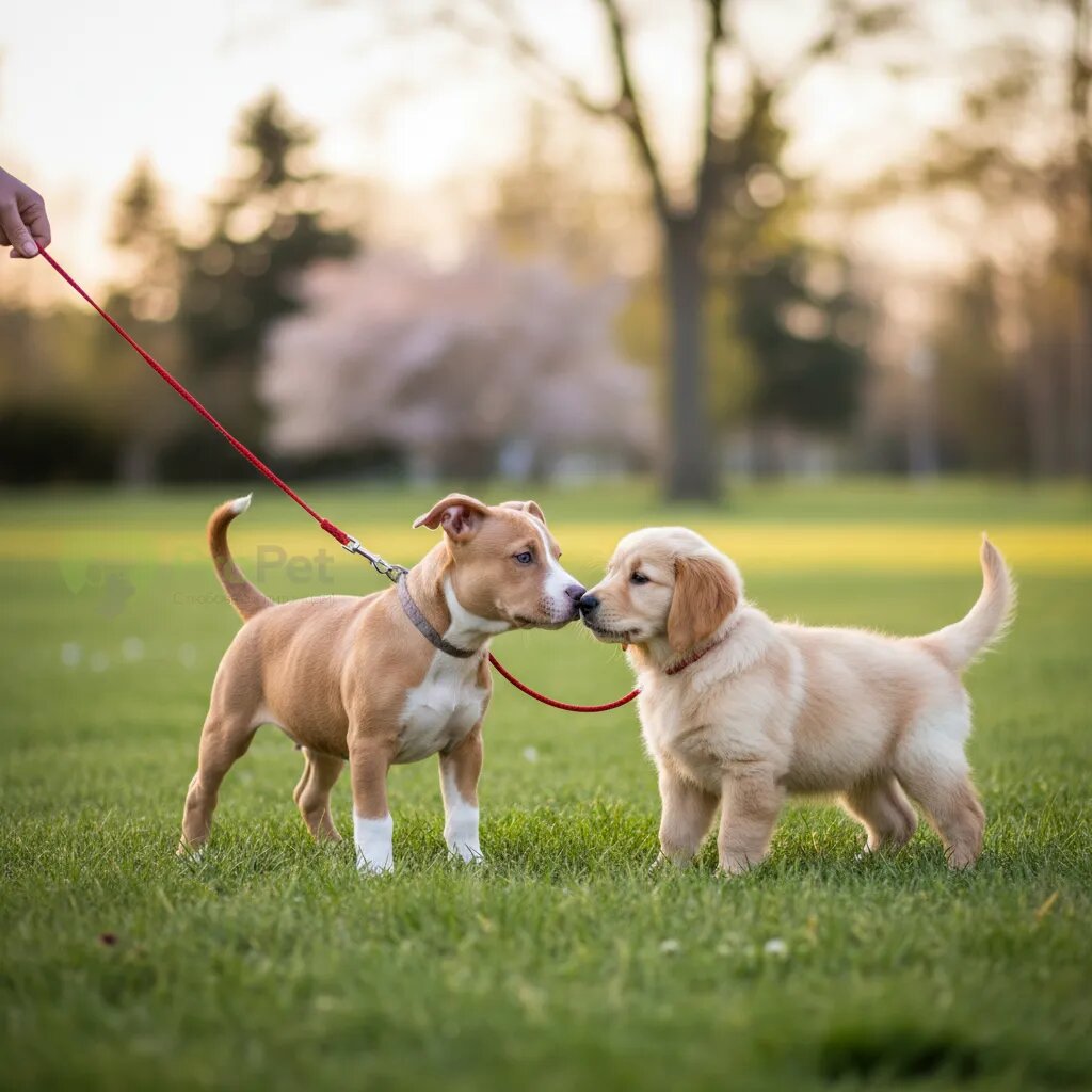 Щенок питбультерьера знакомится с другим щенком на поводке