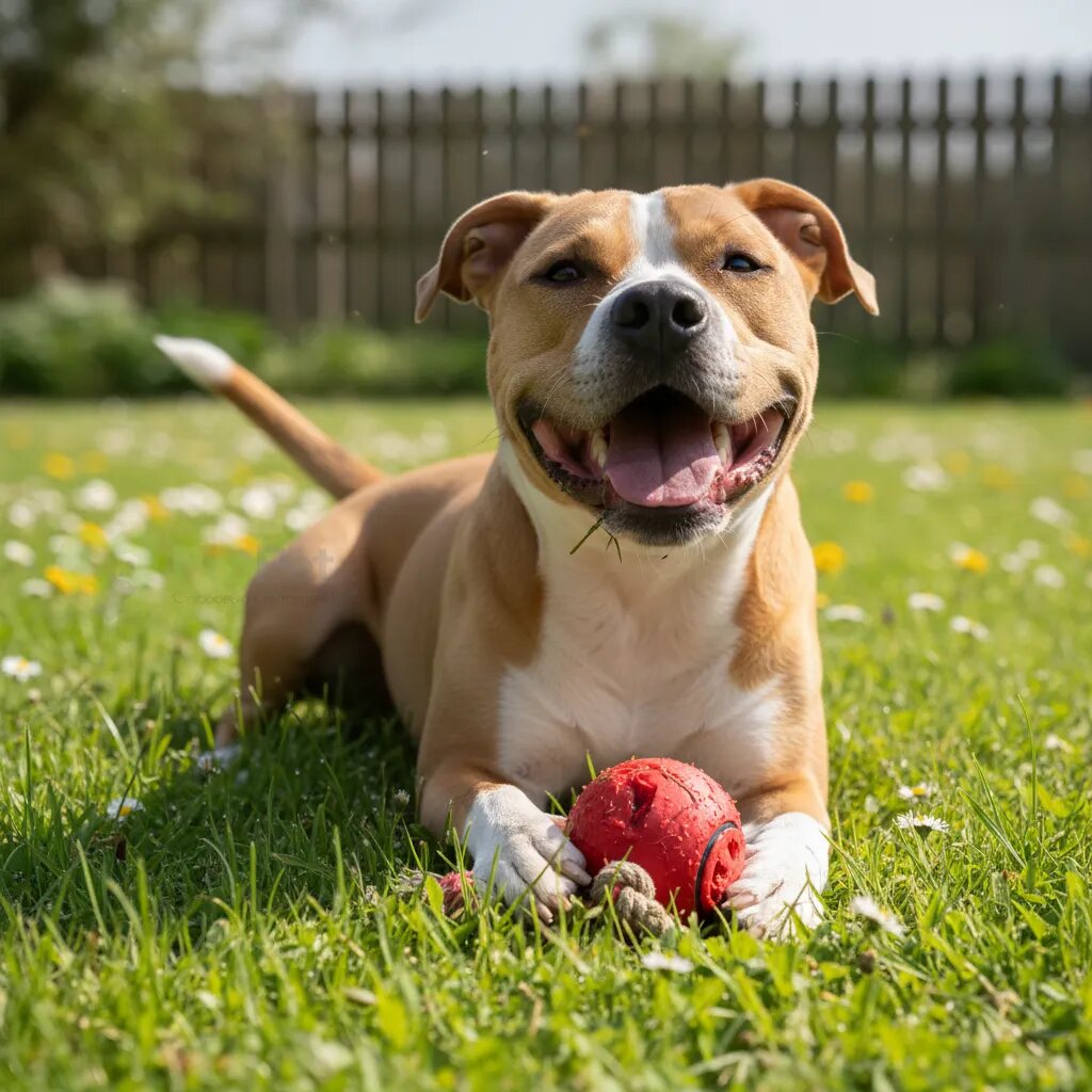 Счастливый питбультерьер с игрушкой на зеленой траве