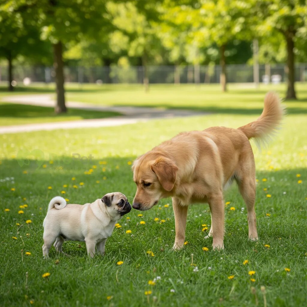 Щенок мопса знакомится с другой собакой