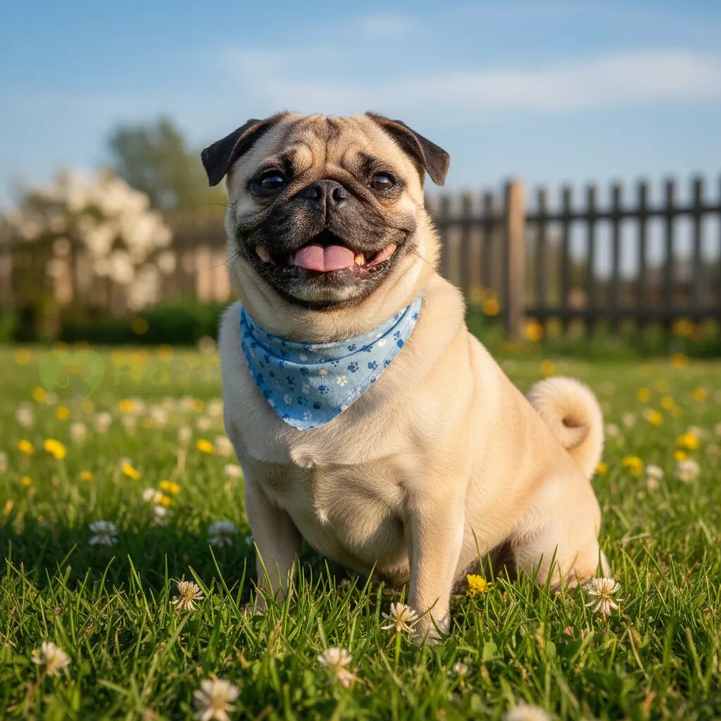 Счастливый мопс сидит на траве