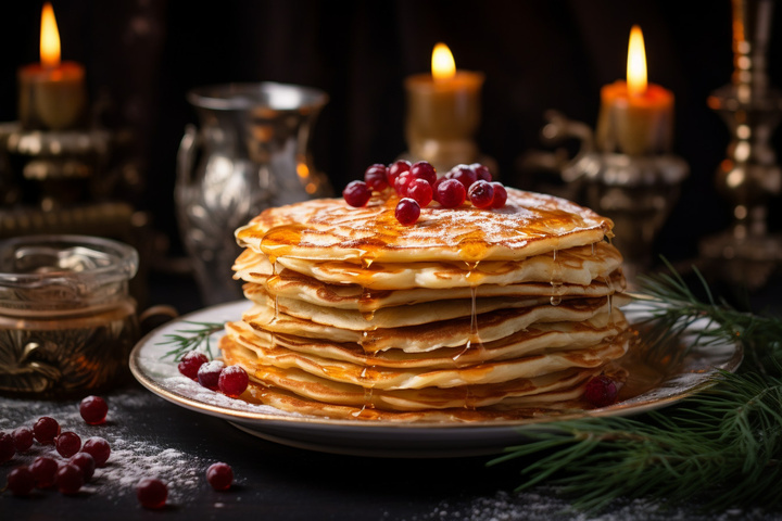 Стопка румяных блинов — главный символ Масленицы и солнца на праздничном столе.