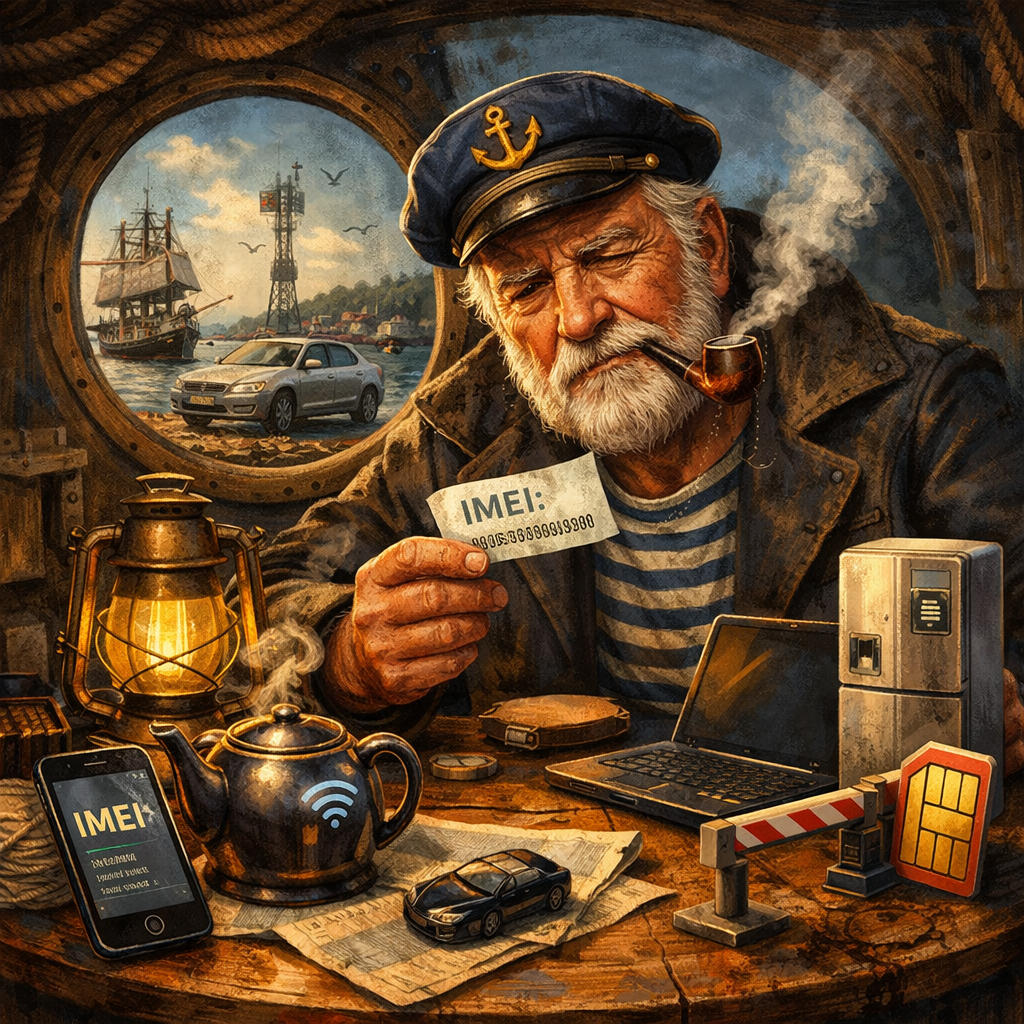 Старый моряк рассматривает номер IMEI, словно старую морскую карту, а вокруг него – автомобиль, смартфон и «умная» техника. Цифровой шторм уже на горизонте, и даже чайник, кажется, требует регистрации.