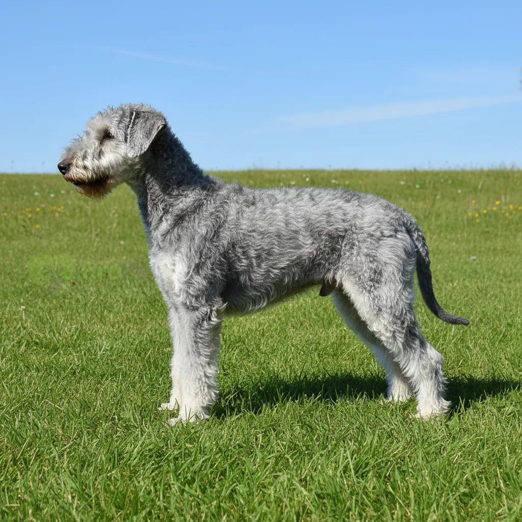 Бедлингтон-терьер стоит в профиль на зеленой траве