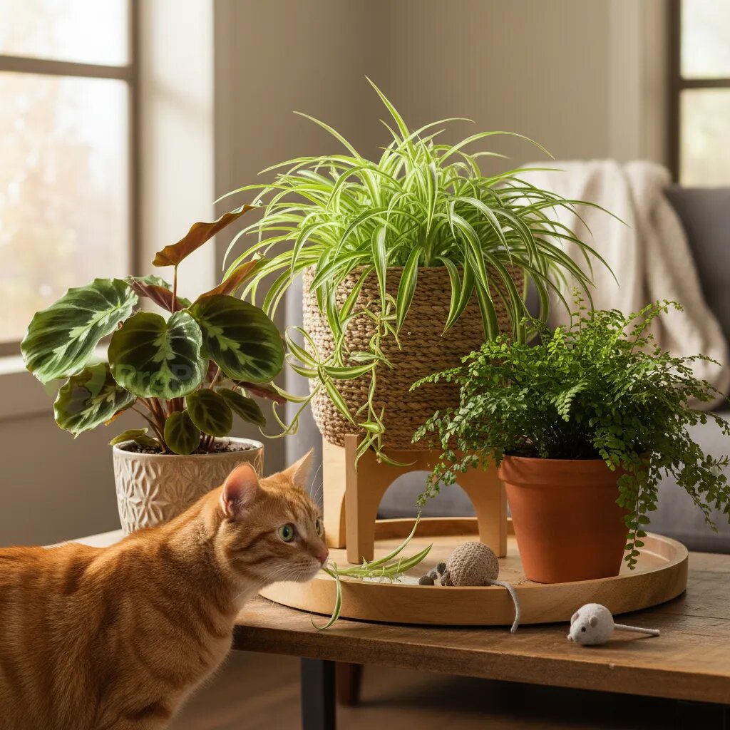 Композиция из безопасных для кошек растений: хлорофитума, калатеи и папоротника.