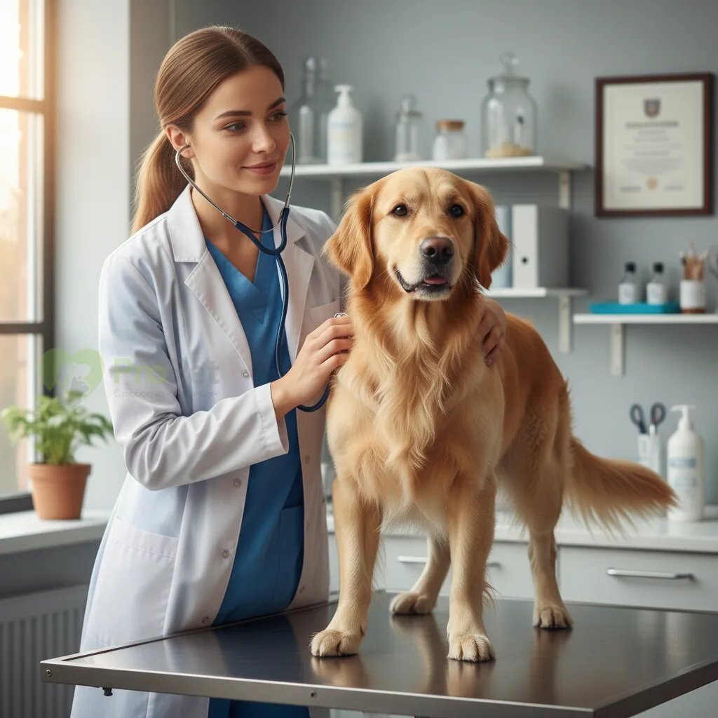 Ветеринар осматривает собаку стетоскопом
