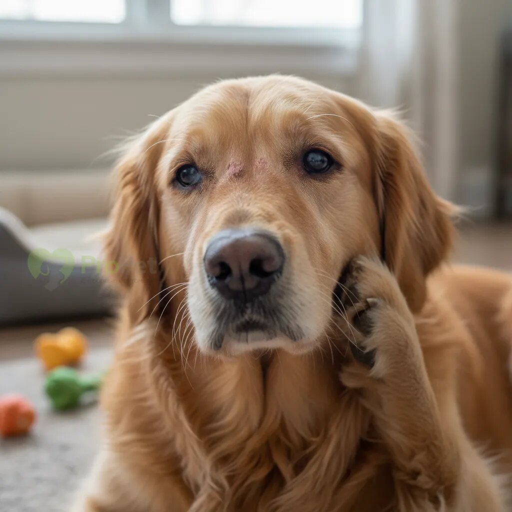 Собака породы золотистый ретривер с признаками аллергии на морде