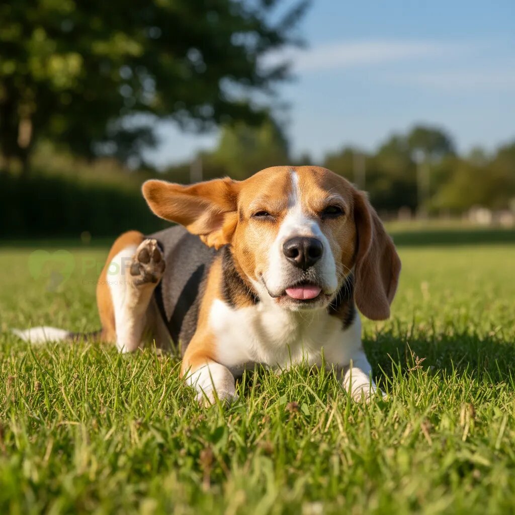 Собака породы бигль чешет ухо на зеленой траве