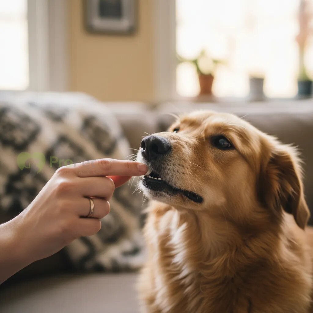 Рука человека дает собаке маленькую таблетку