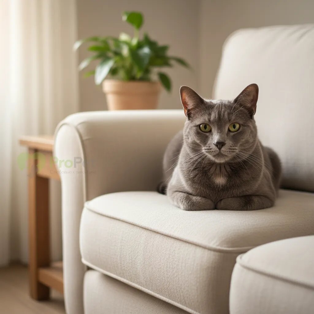 Спокойная кошка серого окраса отдыхает на диване, глядя в камеру