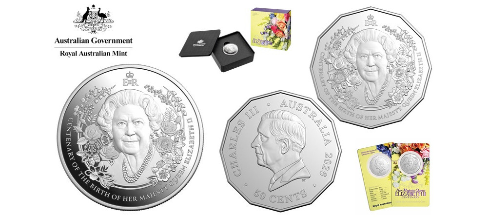    Монета Австралии 5 долларов 2026 года королева Елизавета II столетие реверс с портретом и цветами