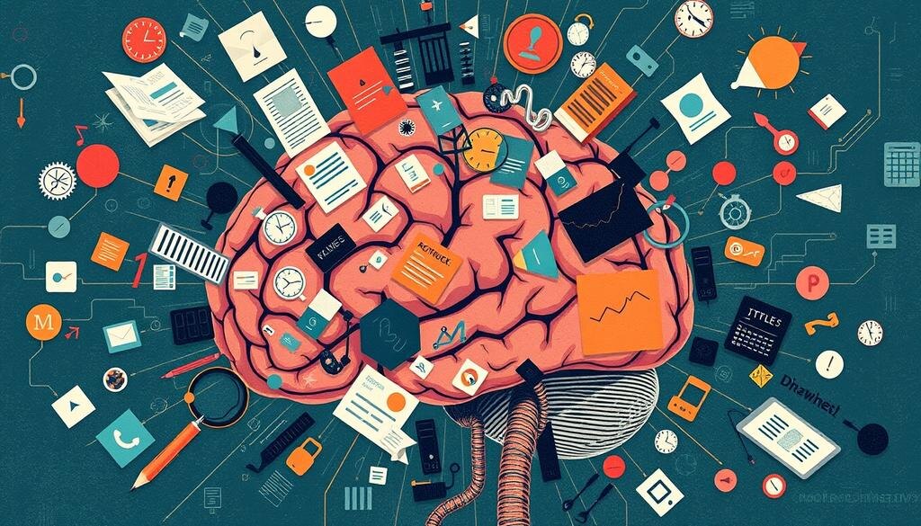    Изображение мозга, погруженного в поток информации, с концептуальными элементами, иллюстрирующими перегрузку и усталость.