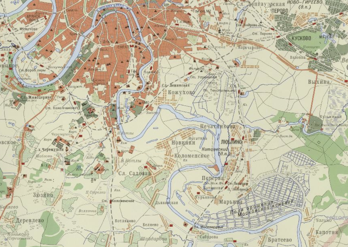 Москва-река на юго-востоке современной Москвы до появления канала, 1931. С сайта www.retromap.ru.