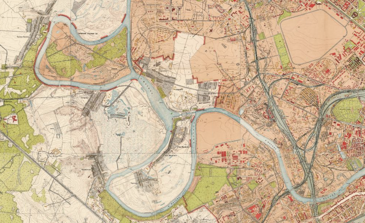 Довольно поздняя карта, 1952 года. Но здесь хорошо видны спрямления на северо-западе, которые появились благорадя сооружению канала. С сайта www.retromap.ru.