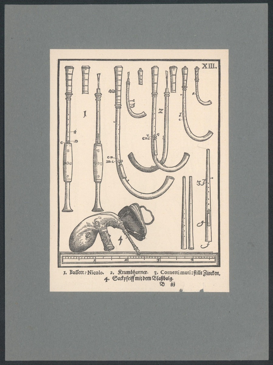 Изображение музыкальных инструментов: бассета, крумгорнов, корнетов из книги М. Преториуса «Syntagma Musicum». 1618 г. Из фондов Музея музыки.
